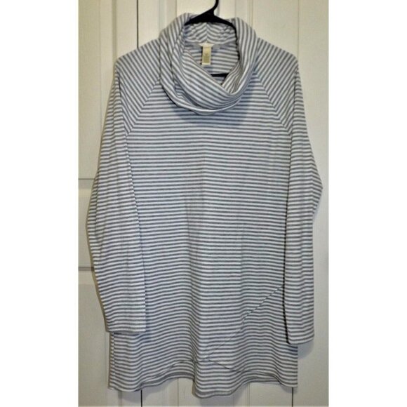 Three Seasons Maternity L Gray White Striped Cowl Neck Long Raglan Sleeve Tunic - Picture 1 of 5